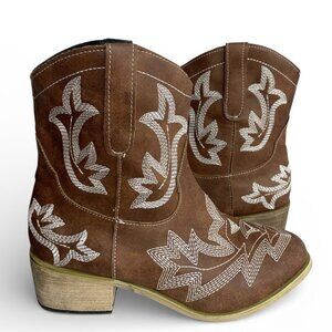 DFS Faux Leather Western Cowgirl Brown Embroidered Ankle Boots Women's 7 NEW